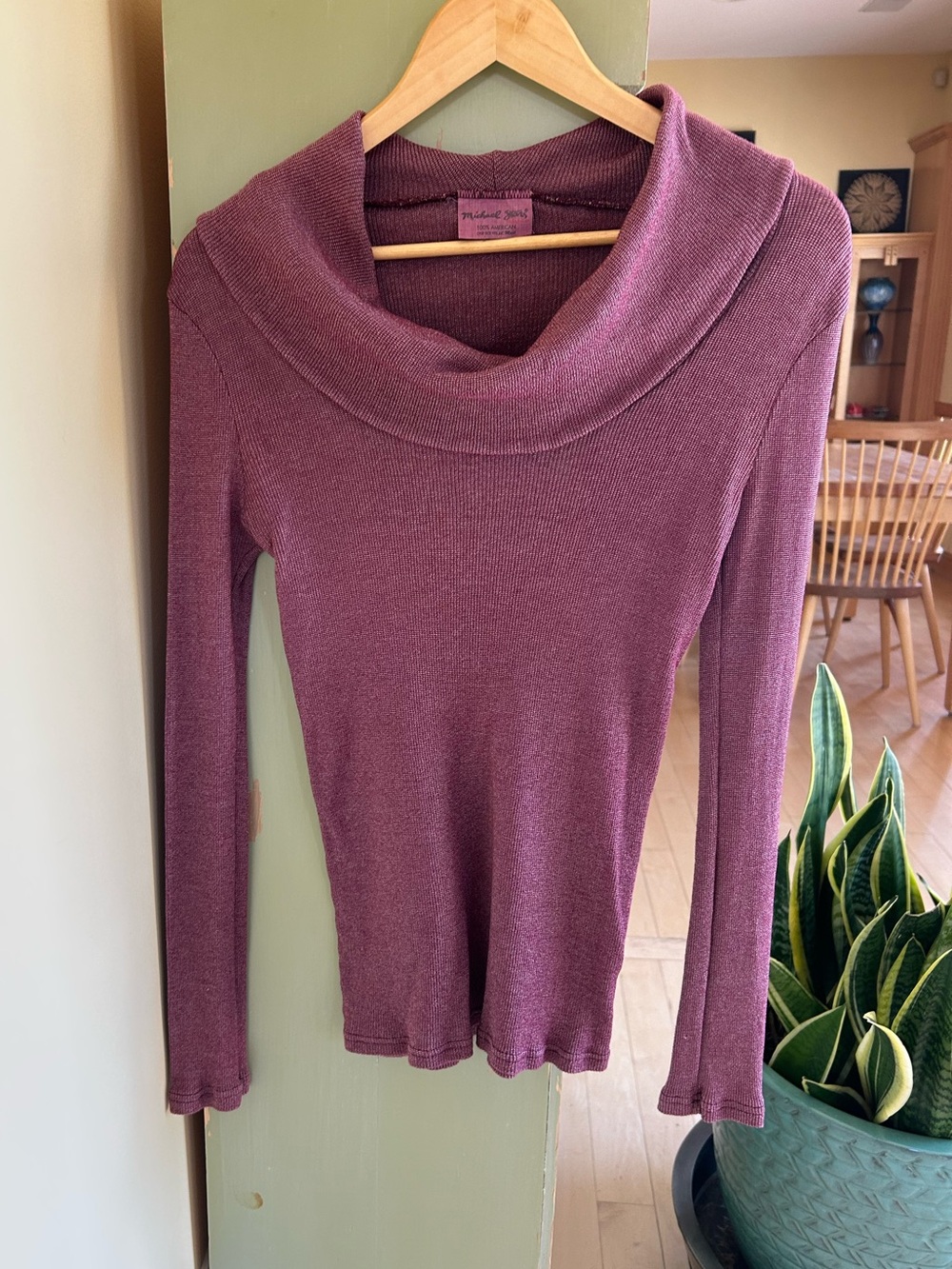 Michael Stars Womens Long-Sleeve Cowl Neck Metallic Ribbed Sweater Wine Mauve OS